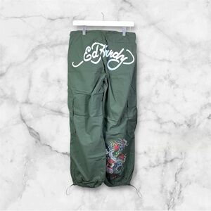 Ed Hardy x Urban Outfitters Parachute Pants Dragon XS Olive Green